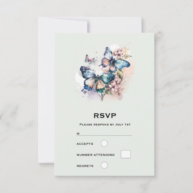 Beautiful Butterflies and Flowers Wedding RSVP Card (Front)