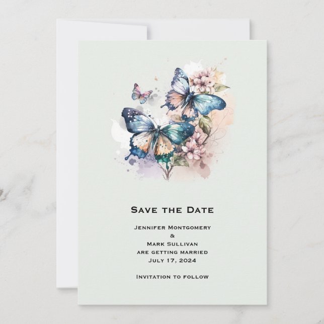 Beautiful Butterflies and Flowers Wedding Save The Date (Front)