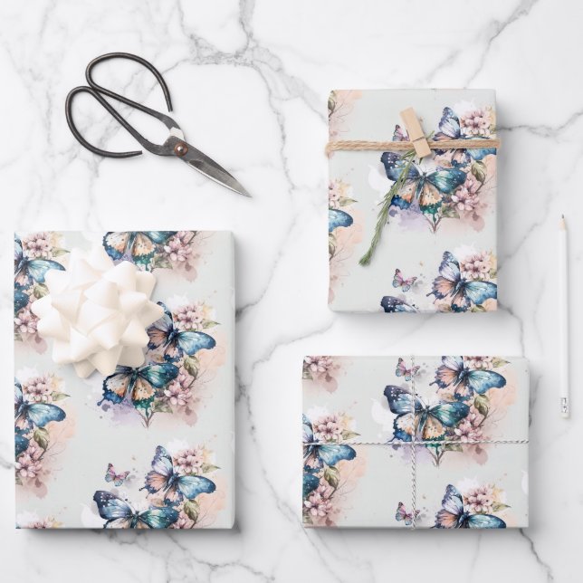 Beautiful Butterflies and Flowers Wrapping Paper Sheets (Front)