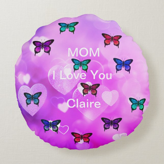 Beautiful Butterflies and Hearts Round Pillow (Back)