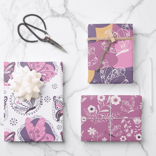 Beautiful Butterflies in Pink and Purple Wrapping Paper Sheets (Front)