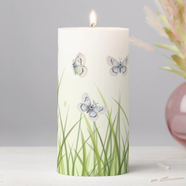Beautiful Butterflies in Sunlit Grass Ethereal Pillar Candle (In Situ)