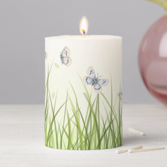 Beautiful Butterflies in Sunlit Grass Ethereal Pillar Candle (In Situ)