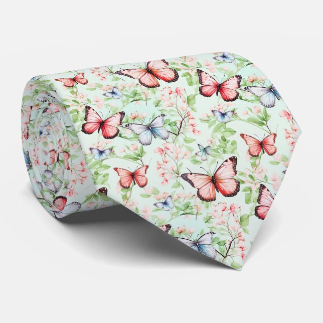 Beautiful Butterflies On a Pale Green Background Neck Tie (Rolled)