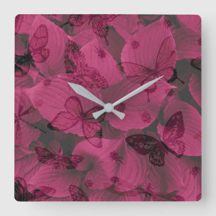 Beautiful Butterflies On A Pink Leaf Pattern Square Wall Clock