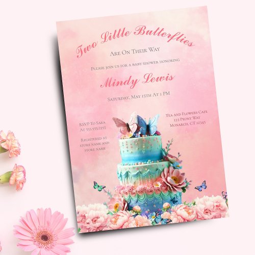 Beautiful Butterflies Twins Baby Shower Cake Invitation