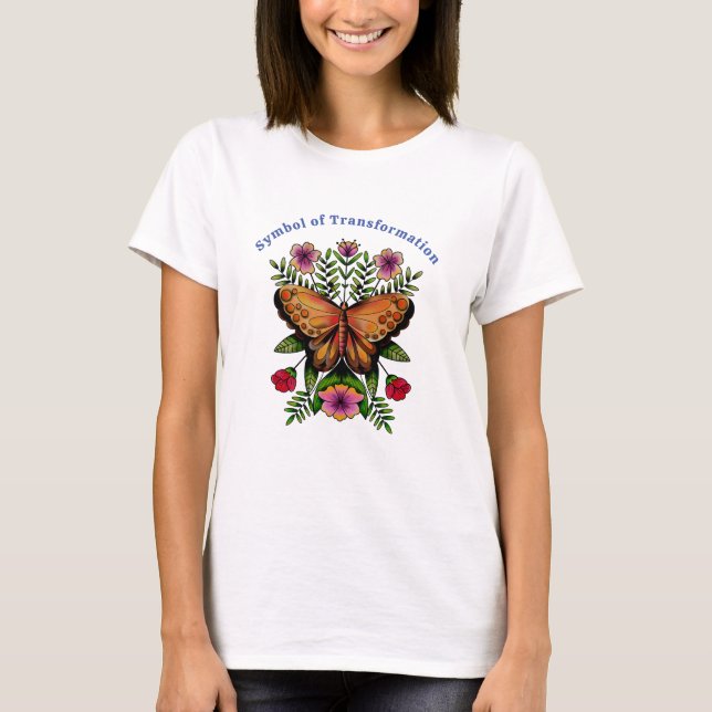 Beautiful Butterfly and Colorful Flowers T-Shirt (Front)