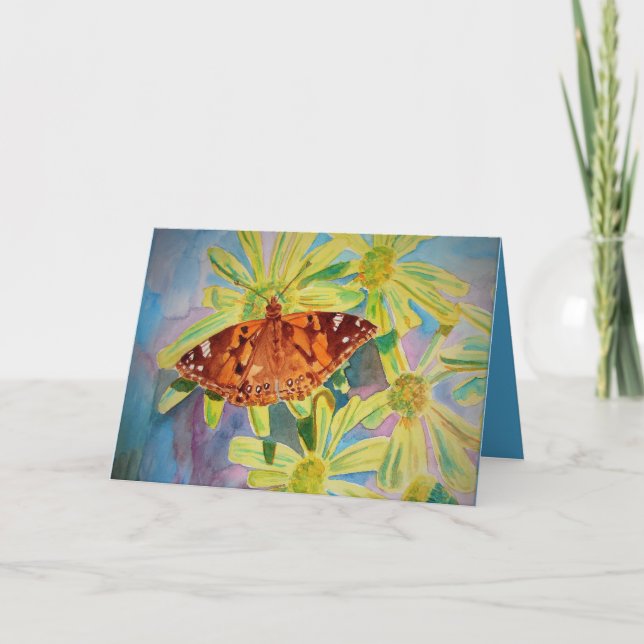 Beautiful Butterfly and Daisies Watercolor Card (Front)