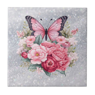 Beautiful Butterfly And Flowers Ceramic Tile
