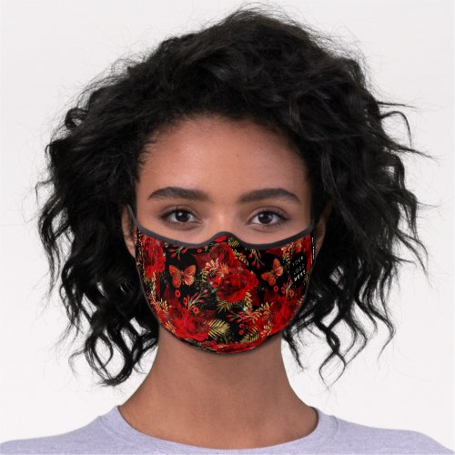 Beautiful Butterfly Garden Red Roses Gold Logo Nam Premium Face Mask