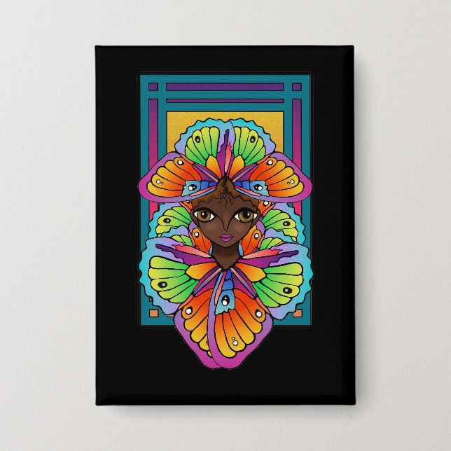Beautiful Butterfly Girl Custom-Cut Vinyl Sticker Button (Front)