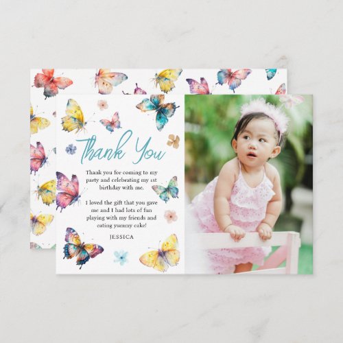 Beautiful Butterfly Girls Birthday Photo Thank You Card