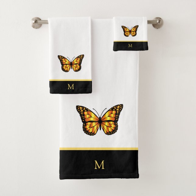 Beautiful Butterfly on Black & White Monogrammed Bath Towel Set (Insitu)