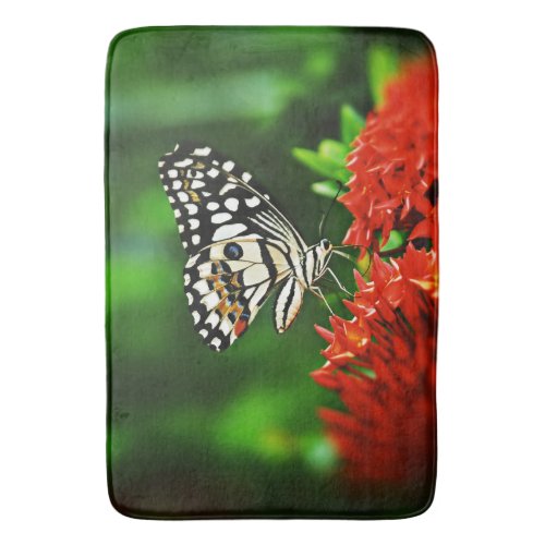 Beautiful Butterfly on Red Flowers Bathroom Mat