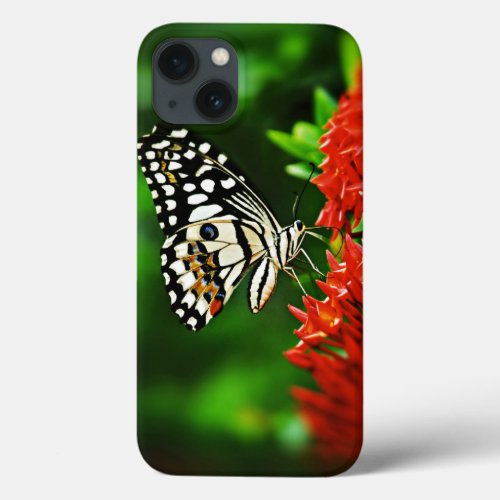 Beautiful Butterfly on Red Flowers iPhone 13 Case