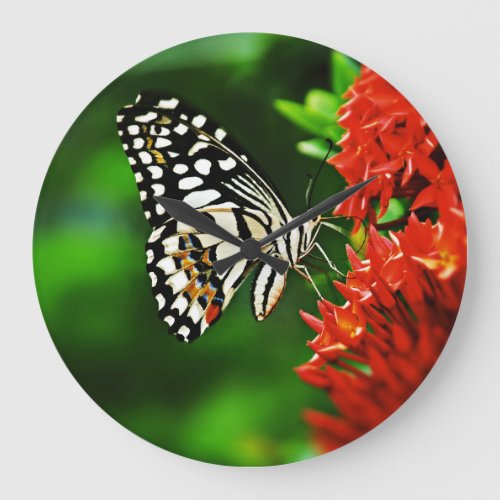 Beautiful Butterfly on Red Flowers Large Clock