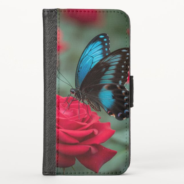 Beautiful Butterfly on Red Rose iPhone Wallet Case (Front)