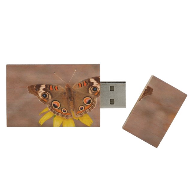 Beautiful Butterfly on Yellow Flower  Wood Flash Drive (Opened)