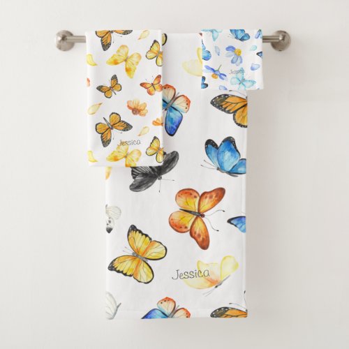 Beautiful Butterfly Pattern with Name Bath Towel Set