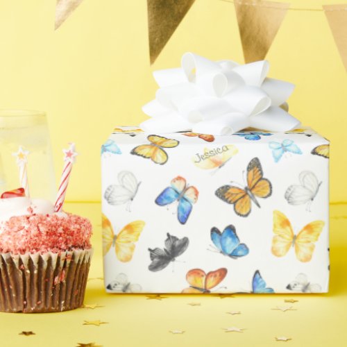 Beautiful Butterfly Pattern with Name Birthday Wrapping Paper