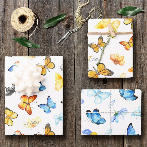 Beautiful Butterfly Pattern with Name Birthday Wrapping Paper Sheets