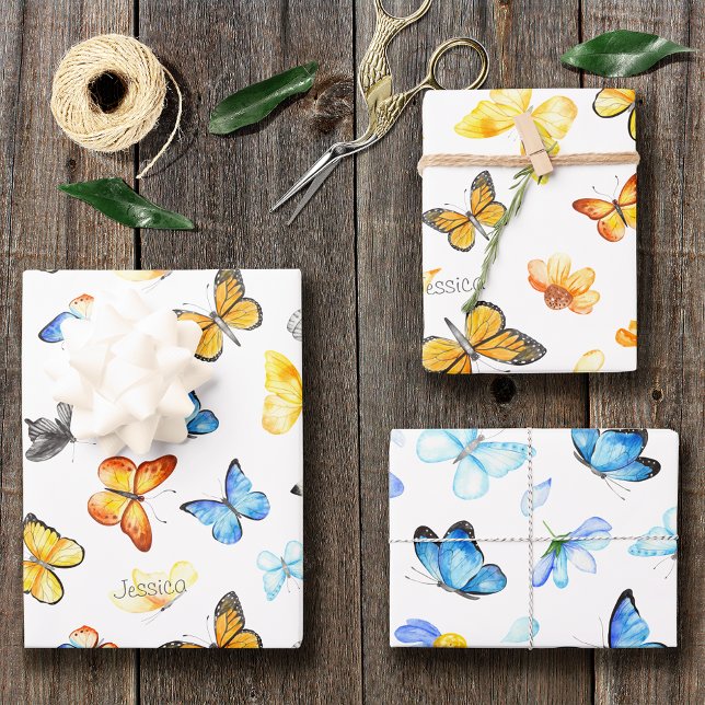 Beautiful Butterfly Pattern with Name Birthday Wrapping Paper Sheets (Creator Uploaded)