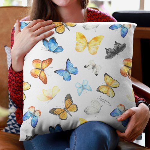 Beautiful Butterfly Pattern with Name Cotton Throw Pillow