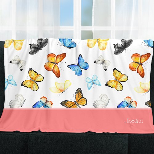 Beautiful Butterfly Pattern with Name Pink Fleece Blanket