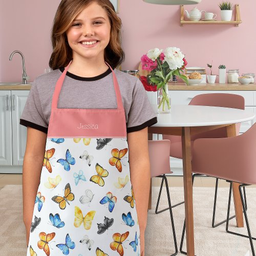 Beautiful Butterfly Pattern with Name Pink Kitchen Apron