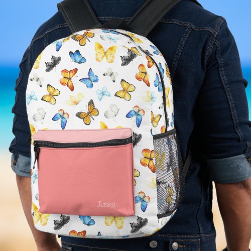 Beautiful Butterfly Pattern with Name Pink Printed Backpack