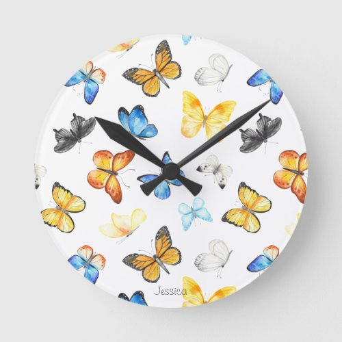 Beautiful Butterfly Pattern with Name Round Clock