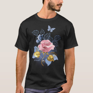 Beautiful Butterfly Pink Roses Butterfly  Flora Wo T-Shirt