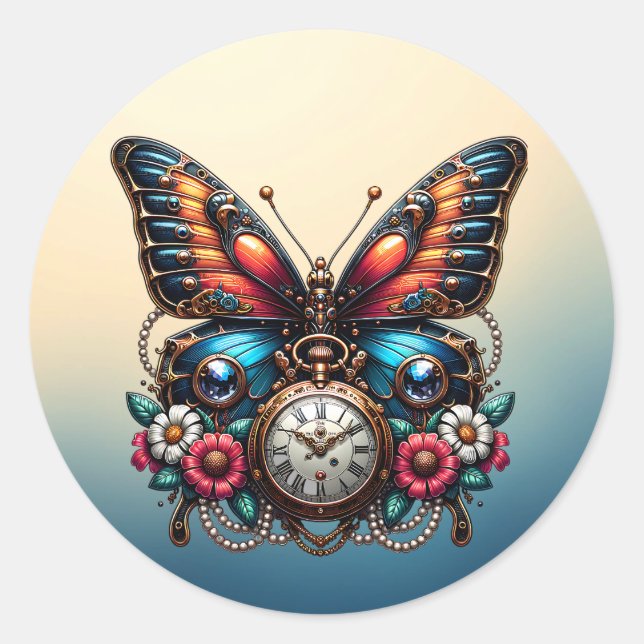 Beautiful Butterfly Pocket Watch and Flowers Classic Round Sticker (Front)