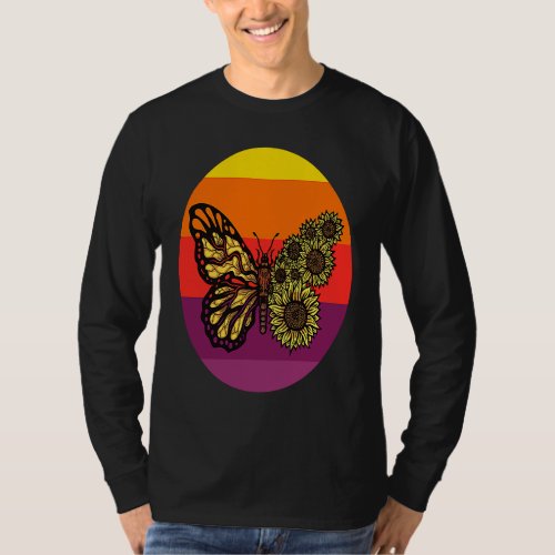 Beautiful Butterfly Sunflower On A Colourful Sunse T_Shirt