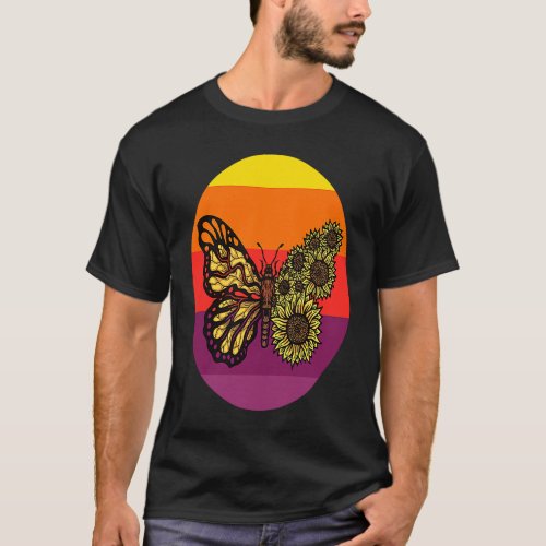 Beautiful Butterfly Sunflower On A Colourful Sunse T_Shirt
