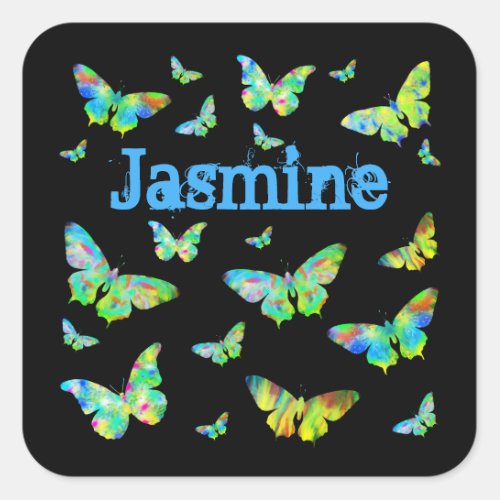 Beautiful butterfly watercolor add name square sticker