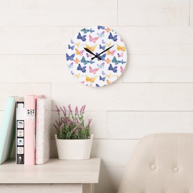Beautiful Butterfly Watercolor Colorful Pattern Large Clock (Reading Room)