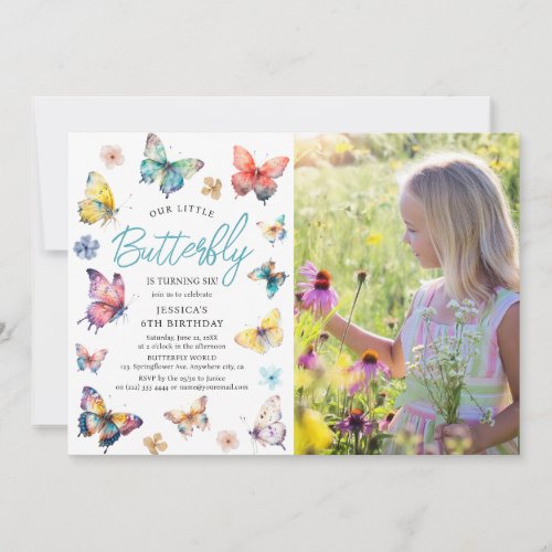 Beautiful Butterfly Watercolor Girl Photo Birthday Invitation