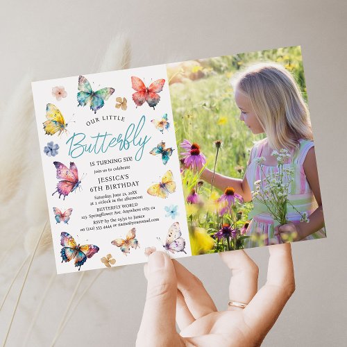 Beautiful Butterfly Watercolor Girl Photo Birthday Invitation