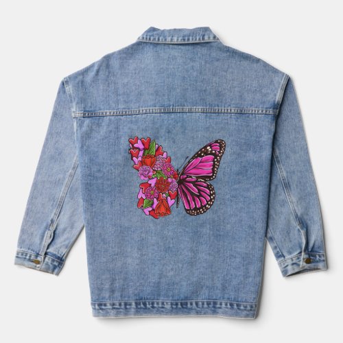 Beautiful Butterfly With Half Flowers For Butterfl Denim Jacket