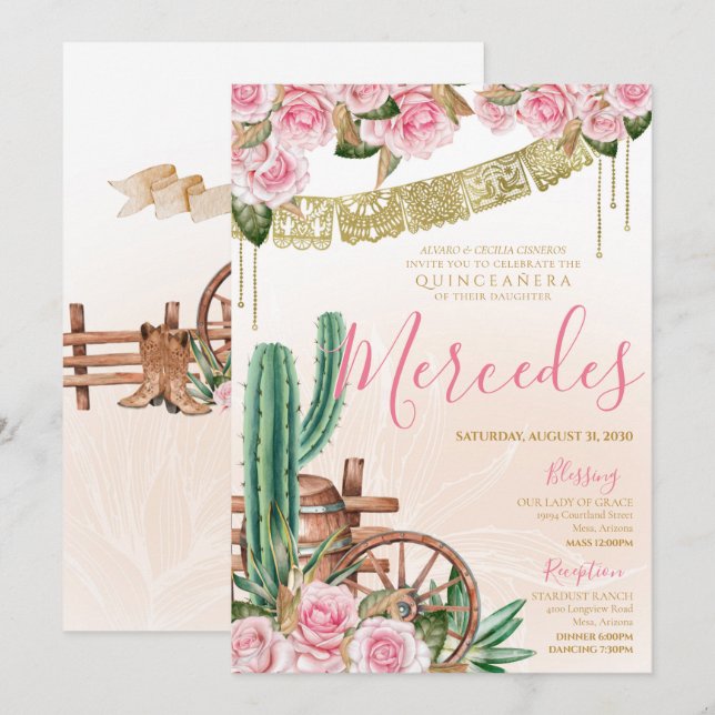 Beautiful Cactus Rose Western Charro Quinceanera Invitation (Front/Back)
