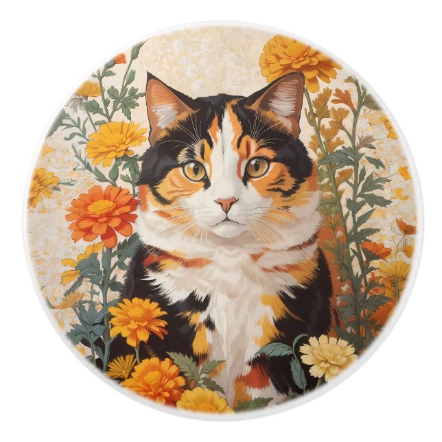Beautiful Calico Cat With Marigold Flowers Ceramic Knob (Front)
