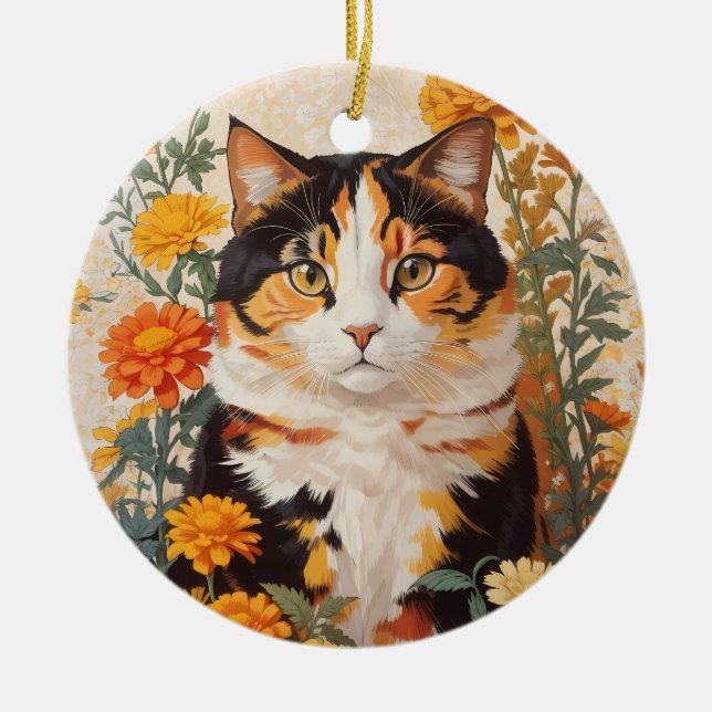 Beautiful Calico Cat With Marigold Flowers Ceramic Ornament (Front)
