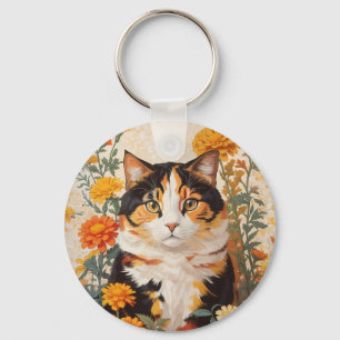 Beautiful Calico Cat With Marigold Flowers Keychain