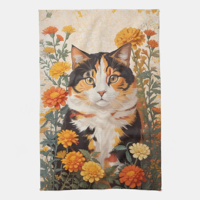 Beautiful Calico Cat With Marigold Flowers Kitchen Towel (Vertical)