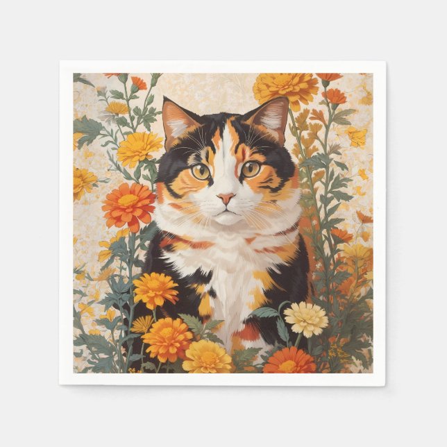 Beautiful Calico Cat With Marigold Flowers Napkins (Front)