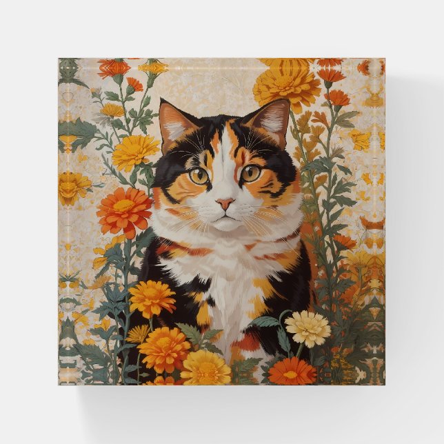 Beautiful Calico Cat With Marigold Flowers Paperweight (Front)