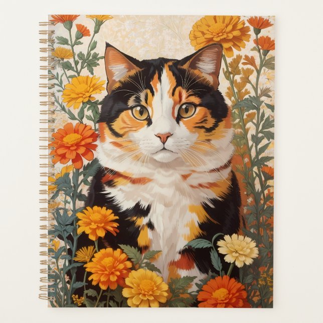 Beautiful Calico Cat With Marigold Flowers Planner (Front)