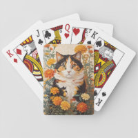 Beautiful Calico Cat With Marigold Flowers Playing Cards