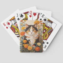Beautiful Calico Cat With Marigold Flowers Poker Cards